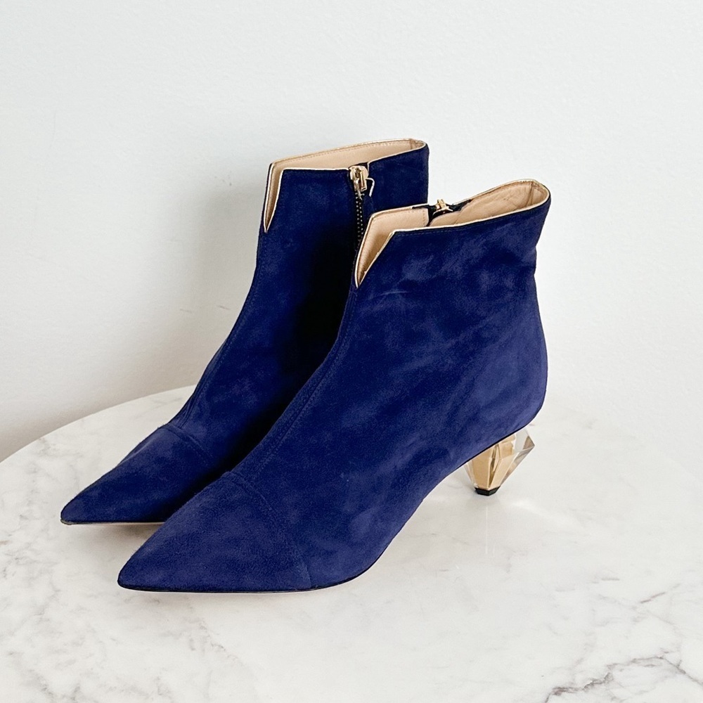 NEW MARION PARKE Navy Suede Pointed Toe Zip Up Heel Ankle Boots Size 37 EU 7 US - Picture 2 of 5